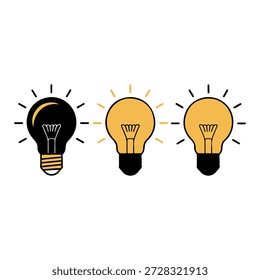 Três lâmpadas em transição de escuro para iluminado em um estilo de design plano minimalista