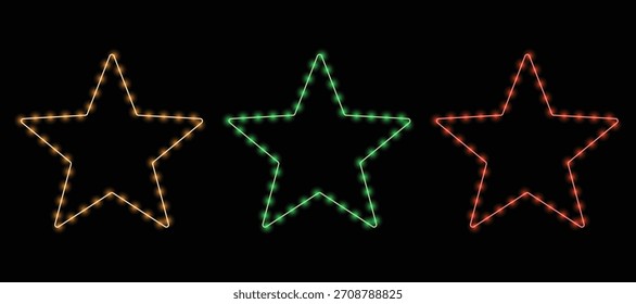 Tres contornos de estrellas iluminadas en naranja, verde y rojo sobre un fondo negro