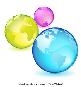 Tres globos transparentes, colores y naciones iluminados