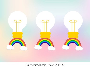 Tres luces de idea y arcoíris coloridos con nubes blancas suaves, con espacio para el diseño de texto