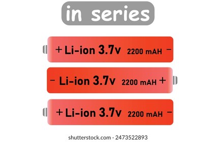 Three Li-ion batteries 2200 m A H 3.7v red color in Series concept. Lithium battery cell isolated on white background. Editable vector EPS available