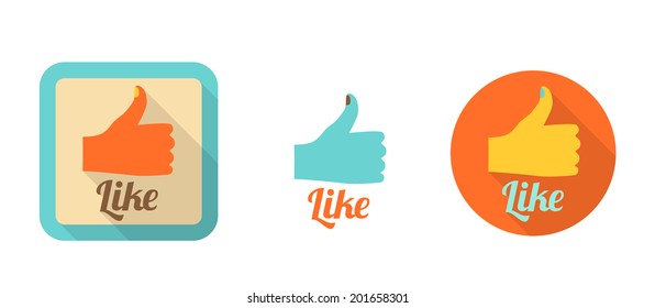 three like icons in retro flat style, isolated on white background, vector illustration, eps10 with transparency
