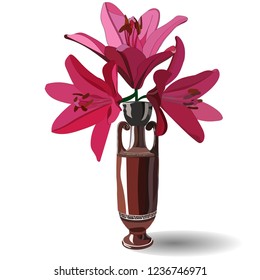 three Lily flowers in Greek vase on white background