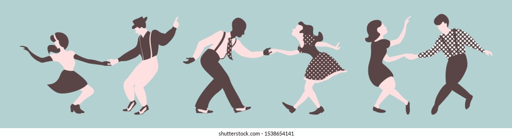 Three lindy hop dancing couples silhouettes on a blue background. Men and women in 1940s style. Vector illustration.