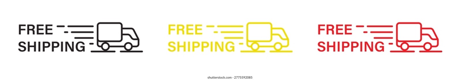 Three line art icons in black, yellow, and red, each illustrating FREE SHIPPING with a fastmoving delivery truck, perfect for ecommerce, websites, and promotional use.