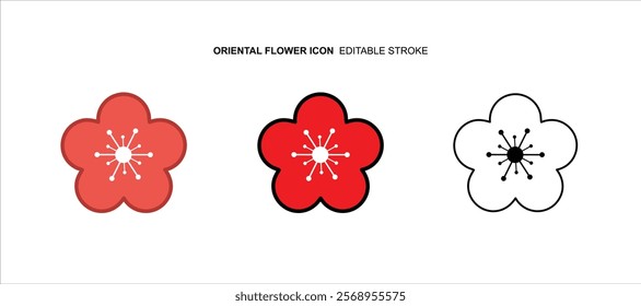 Three line art icons of Chinese Lunar New Year flowers in distinct styles with editable strokes and minimalist design. Ideal for greeting cards, printables, social media, backgrounds, and posters.