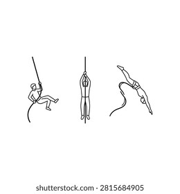 Three line art illustrations showing a man rappelling down a rope, a man hanging from a rope, and a man bungee jumping.