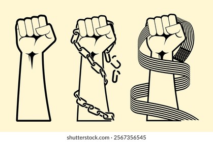 three line art images of fists pointing upwards, one holding an American flag and one breaking a chain