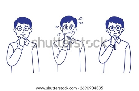Three line art portrayals show a nervous, anxious man wearing glasses, sweating profusely, thinking intently with hand on chin. Emotions range from worried to deeply concerned.