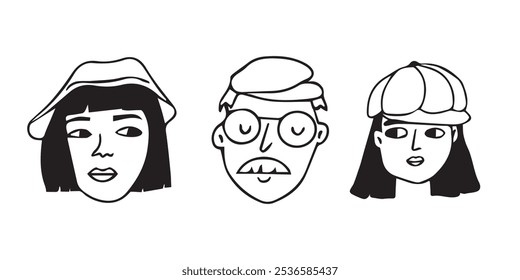 Three line cartoon people with hats. Black white hand drawn people heads faces with goatee, mustache. Vector set of illustrations on white background