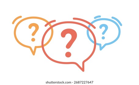Iconos coloridos de la burbuja del discurso de tres líneas con los signos de interrogación. Concepto de hacer preguntas frecuentes o comunicación. Preguntas frecuentes y solución. Ilustración plana de Vector
