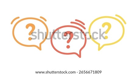 Three line colorful speech bubble icons with question marks. Concept of asking frequent questions or communication. FAQ and solution. Vector flat illustration