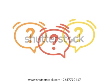 Three line colorful speech bubble icons with question marks. Concept of asking frequent questions or communication. FAQ and solution. Vector flat illustration