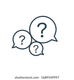 Three linear chat speech message bubbles with question marks. FAQ or Forum icon. Communication concept. Stock vector illustration isolated on white background.