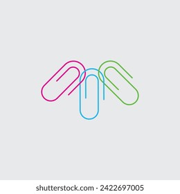Three Linear color paper clips, school office paper tool. Attachment icon. Stock vector illustration isolated