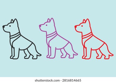 Three linear dog in black, purple, and red on light blue background