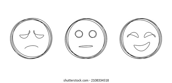 Three linear faces with emotions: smiling, neutral and angry in one continuous line drawing. Concept of negative or positive feedback, satisfaction survey, mental health. Doodle Vector illustration