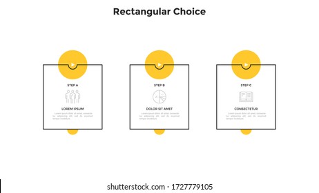Three linear rectangular elements with play buttons placed in horizontal row. Concept of 3 business strategies to choose. Simple infographic design template. Vector illustration for presentation.
