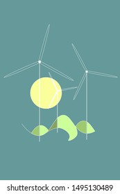 Three linear white windmills on green hills with the sun.