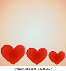 Three lined descending bright red hearts on the retro background.