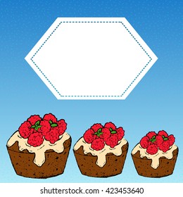 Three lined up in descending order vector isolated sweet chocolate muffins in glaze with raspberries and mint on a blue background with a hexagonal frame.