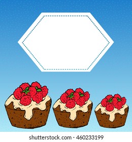 Three lined up in descending order vector isolated sweet chocolate muffins in glaze with raspberries and mint on a blue background with a hexagonal frame.