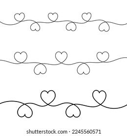 Three lines with different numbers of cute hearts. Line art drawn by hand.