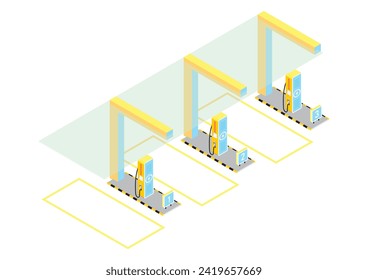 Three lines of electric vehicle charging station facility with transparent glass roof for public facility. Isometric view and 3d vector illustration.