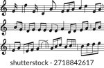 Three lines of musical score with multiple black musical notes and treble clef symbols on staff paper creates a melody; isolated on white and transparent.