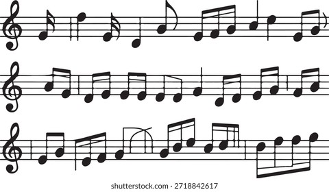 Três linhas de partitura musical com várias notas musicais pretas e símbolos de clave agudos no papel da equipe cria uma melodia; isolado em branco e transparente.
