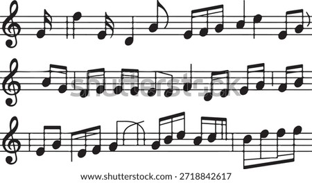 Three lines of musical score with multiple black musical notes and treble clef symbols on staff paper creates a melody; isolated on white and transparent.