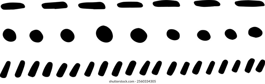 Three lines of simple, hand drawn, irregular black shapes are creating an abstract pattern on a clean white background, offering a minimalist and artistic design element