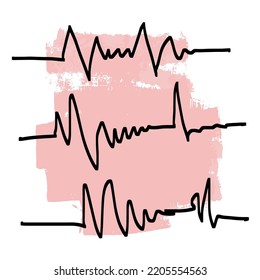 Three lines trembling with a large amplitude and frequency on a pink background. Pulse or illustration of the vibration of the voice of the voice. Vector doodle on the background of a paint spot.