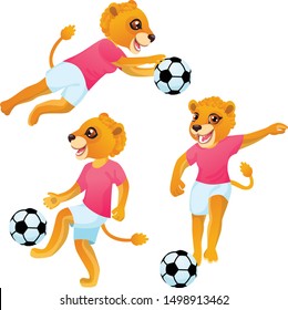 Three lion girls as the footballers in uniform in dynamic poses with the soccer ball