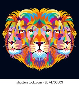 three lion heads full of bright colors, symbols or logos, simple and elegant.