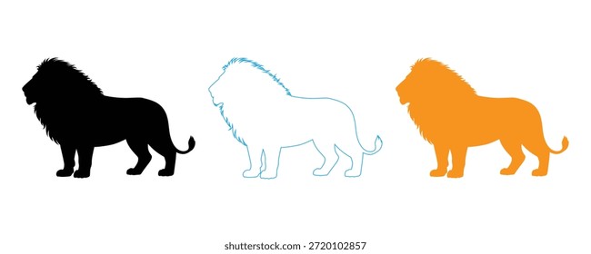 Tres siluetas de león en colores negro, azul y naranja de pie lado a lado