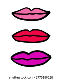 Three lips symbols hand drawn in cartoon doodle style. Different colors. Illustration purple pink red