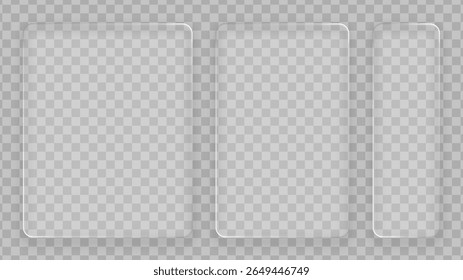 Três armações de vidro líquido com cantos arredondados. Painéis retangulares transparentes vítreos realistas para um monitor ou uma tela.