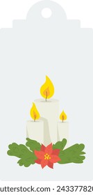 Three lit candles arranged vertical line, adorned green leaves red poinsettia. Simple festive design suitable Christmas holiday season decoration. Graphic style flat, rendered isolated white