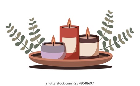 Three lit candles in earthy tones placed on a brown tray with leafy accents, on a white background. relaxation and ambiance