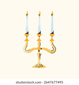 Three lit candles in a golden candle holder on beige background. Flat vector illustration. Home decor and romantic evening concept for design and print