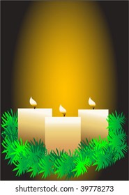 Three lit candles on pine wreath with glowing background