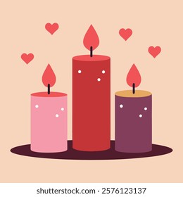 Three Lit Candles Surrounded by Red Heart Icons Illustrating Love and Warmth