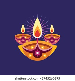 Three lit diyas on a tray, symbolizing Diwali celebration, with vibrant colors and intricate designs.