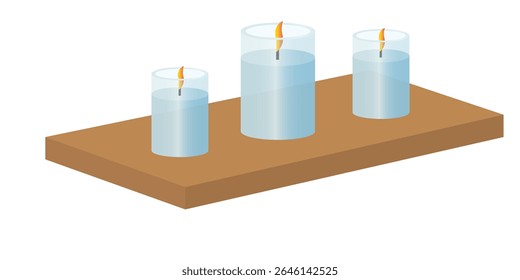 Três velas de vidro acesas na prateleira