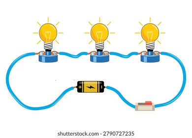 Three Lit Light Bulbs Connected in a Series Circuit With Battery and Switch Illustration