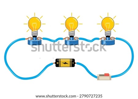 Three Lit Light Bulbs Connected in a Series Circuit With Battery and Switch Illustration