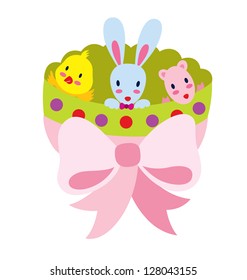 Three little animal celebrating Easter, sitting inside a big egg that is tied with a pink ribbon.