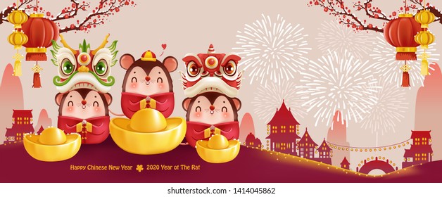 Three little animals holding gold and Chinese characters. Zodiac symbol of the year 2020 Chinese New Year The year of great success Greetings from Golden Rat. Vector illustration