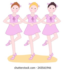 Three Little Ballerinas / A Swan Lake Variation  Whimsical little ballerinas dressed in pink practice a variation from the ballet Swan Lake. A simple childlike easily editable vector illustration.